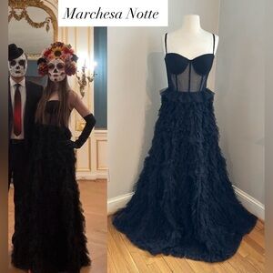 Marchesa Notte black semi sheer tulle ruffle tiered ball gown 10 $1095